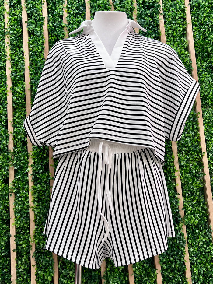 White Striped Short Pant Set