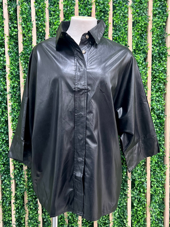 Long Button Down Pleather Blouse