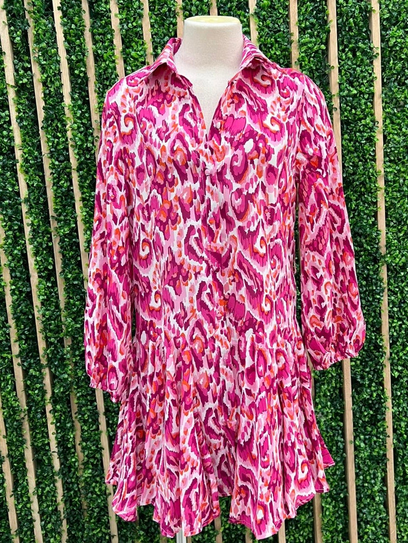 Fuchsia Print Button Down Swing Dress