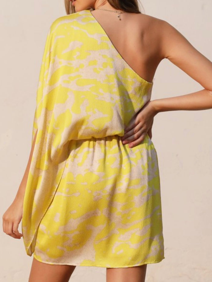 Yellow Ocean Waves One Shoulder Short Dress