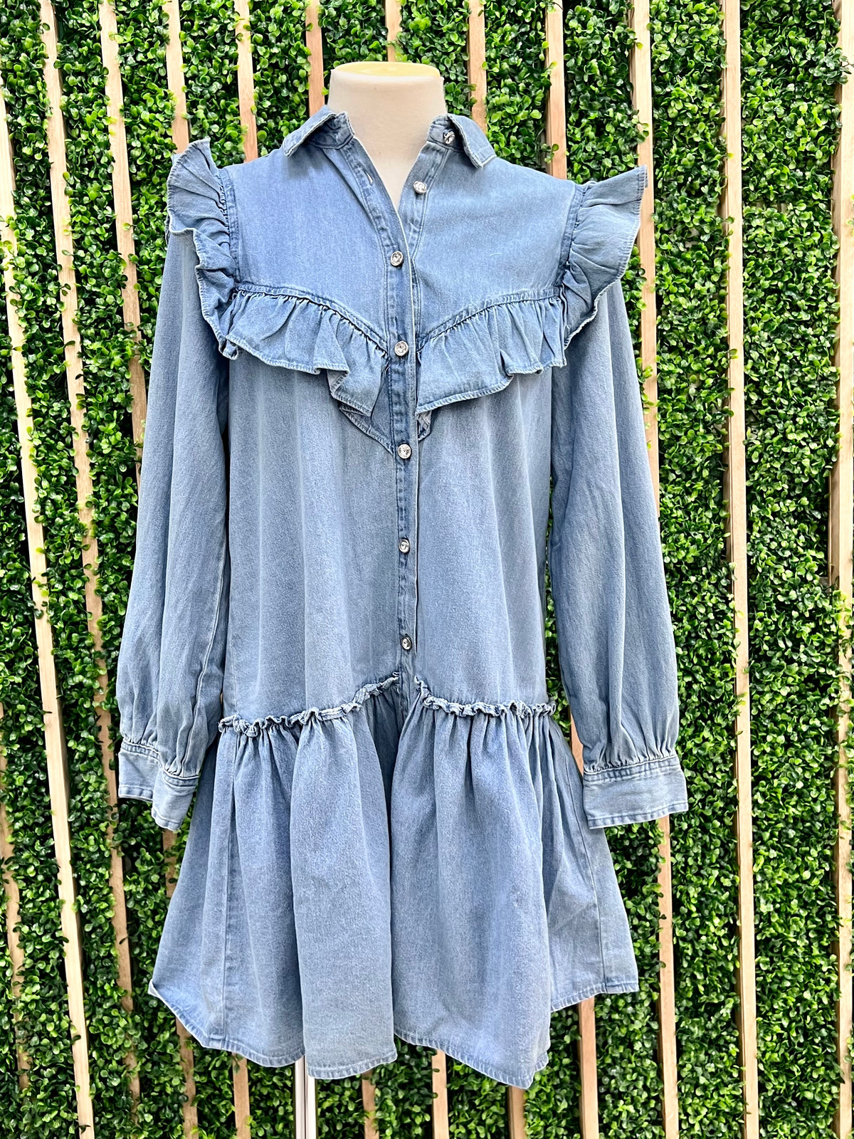 Ruffle Detail Long Sleeve Short Denim Dress