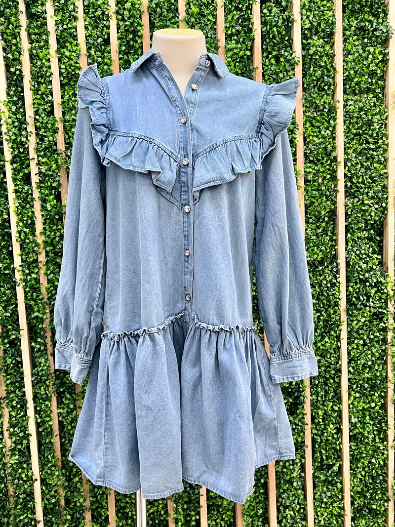 Ruffle Detail Long Sleeve Short Denim Dress