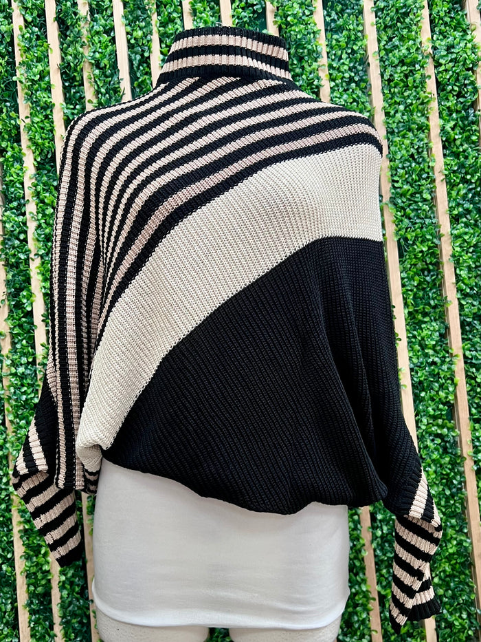 Beige Black Diagonal Striped Colorblock Mock Neck Poncho Sweater