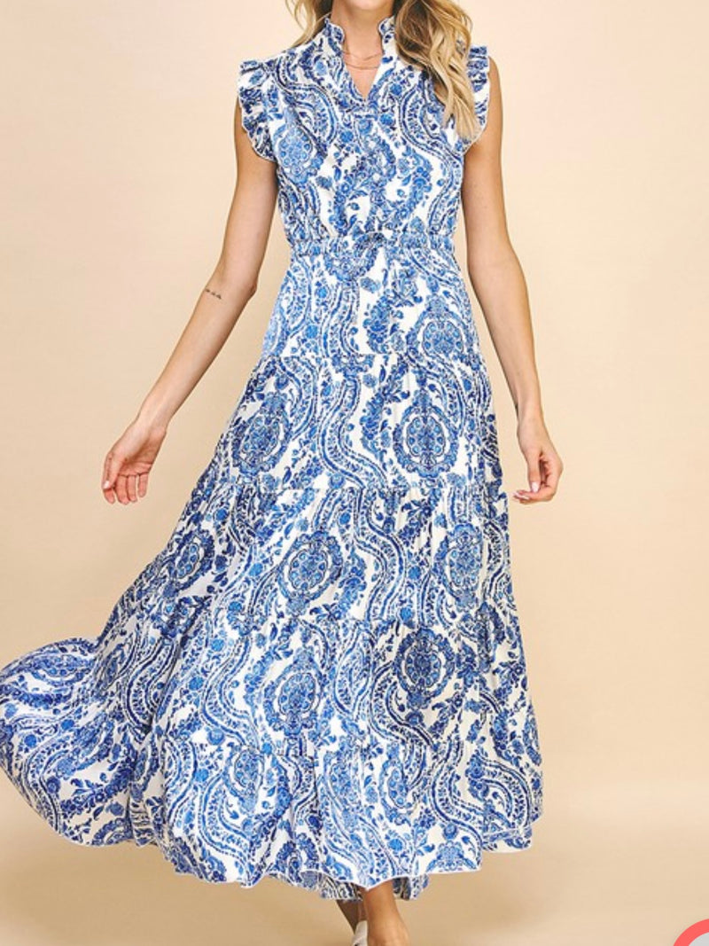 Blue Paisley Tiered Ruffled Maxi Dress