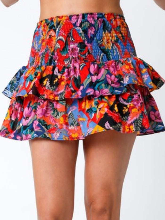 Floral Smocked Waist Ruffle Short Skirt