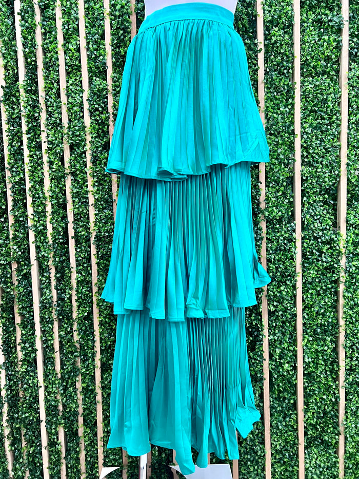 Green Tiered Pleated Maxi Skirt