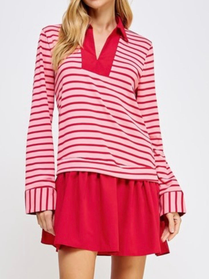 Contrast Stripe Long Sleeve Short Dress