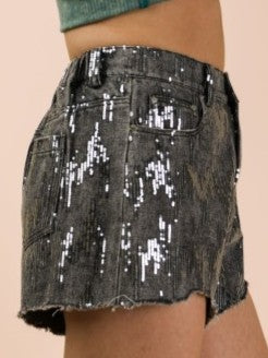 Midnight Shine Sequin Denim Shorts