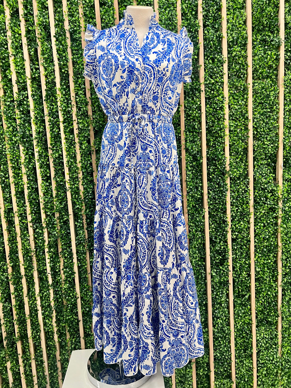 Blue Paisley Tiered Ruffled Maxi Dress