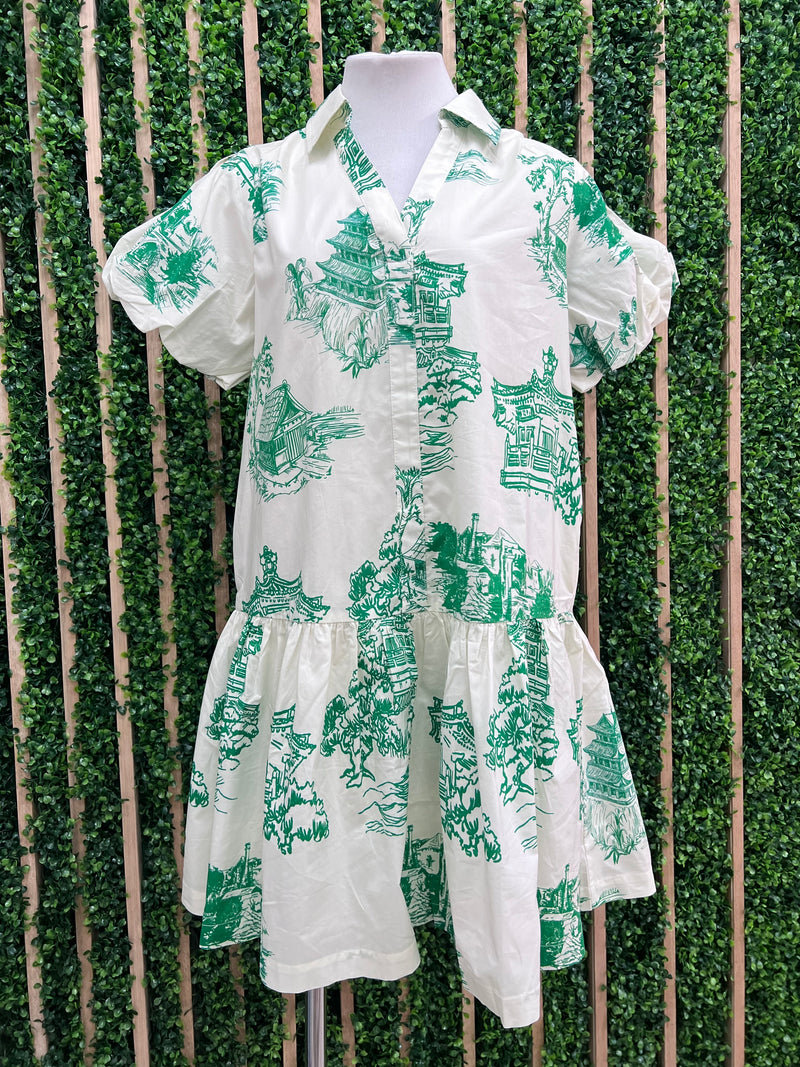 Green Print Balloon Sleeve Drop Waist Short Dress