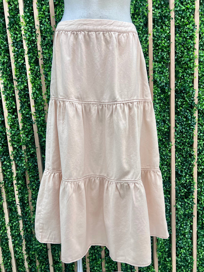 Cream Tiered Denim Midi Skirt