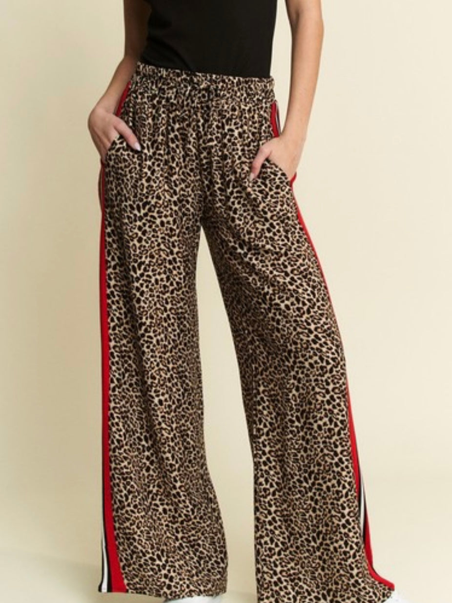 Red Side Stripe Trim Leopard Wide Leg Pant