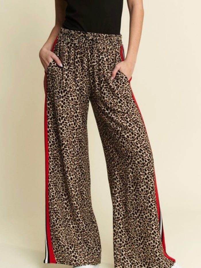 Red Side Stripe Trim Leopard Wide Leg Pant