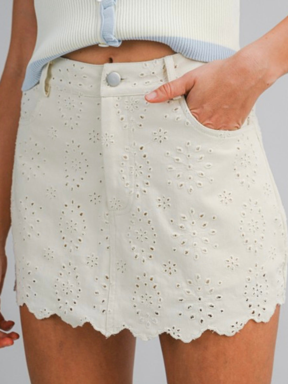 Floral Eyelet Lace Denim Skort
