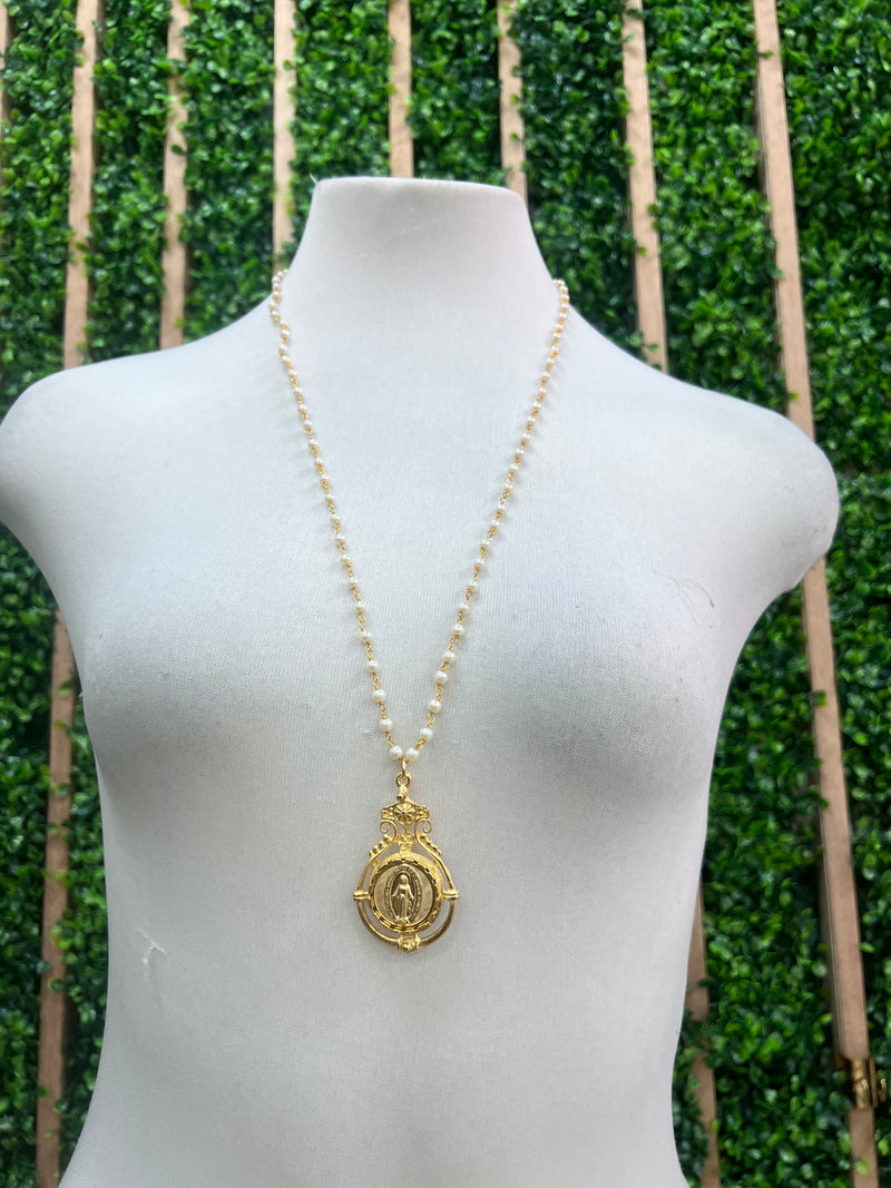WD Ornate Virgin Mary Pearl Necklace