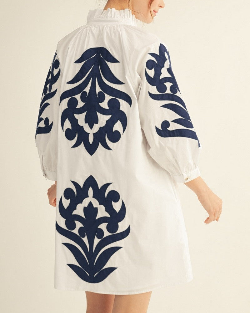 Embroidered Off White Navy Long Balloon Short Sleeve Short Dress