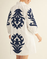 Embroidered Off White Navy Long Balloon Short Sleeve Short Dress