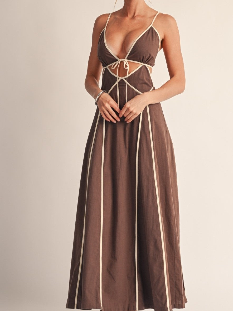 Chocolate Contrast Trim Cutout Maxi Dress