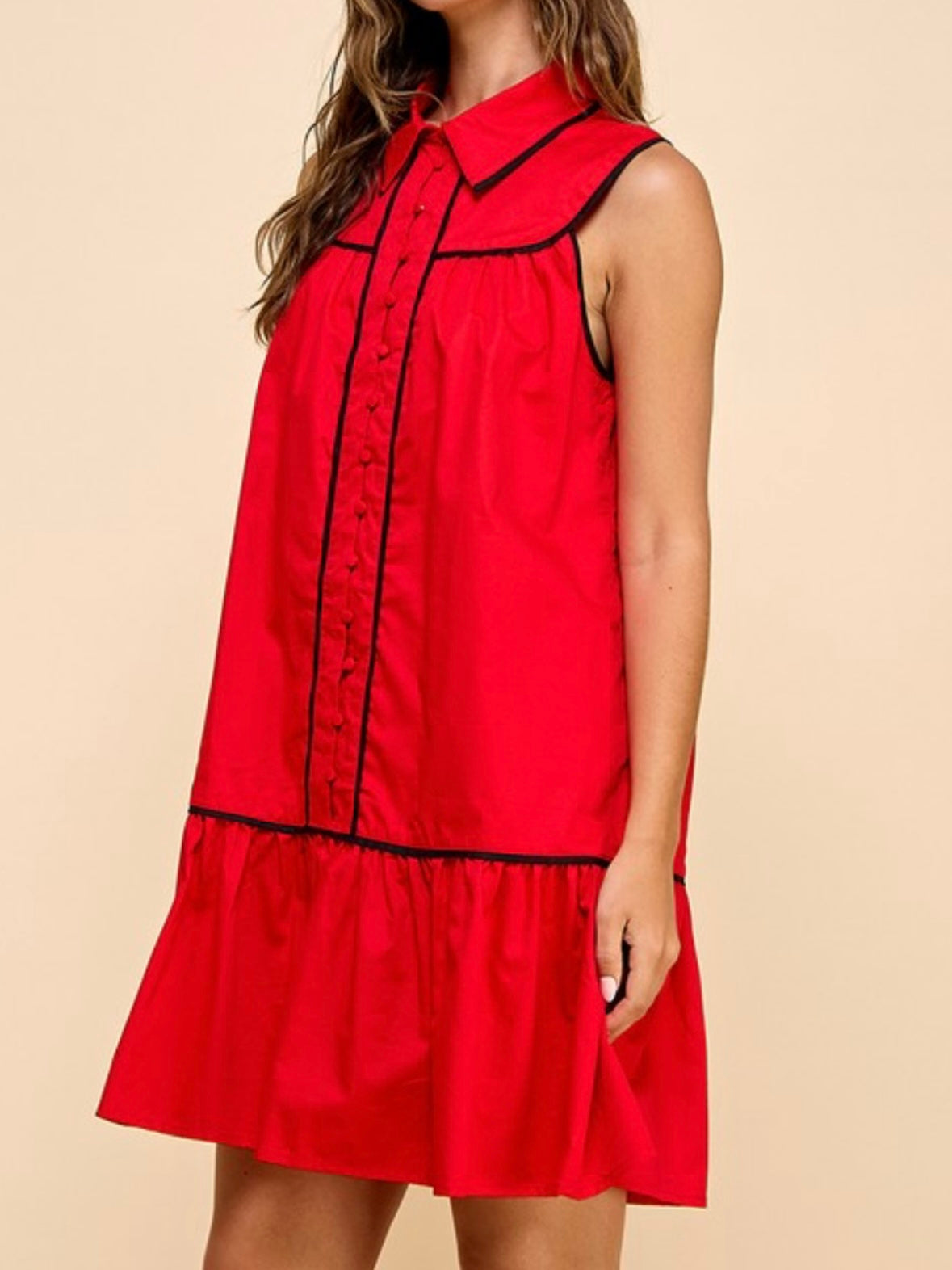 Crimson Sleeveless Collared Trimmed Drop Waist Short Dress