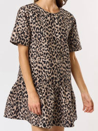 Short Sleeve Brown Leopard Drop Waist  Dress