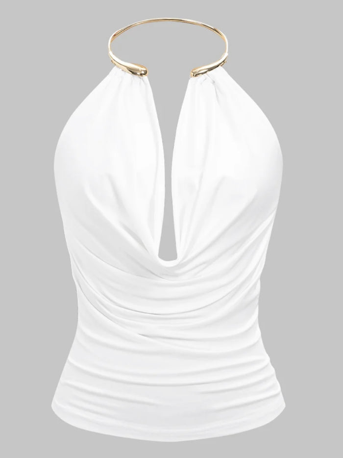 White Draped Metal Neck Halter Top
