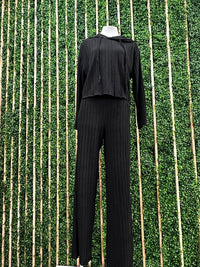 Black Rib Knit Hoodie Wide Leg Pant Set