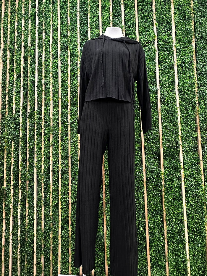 Black Rib Knit Hoodie Wide Leg Pant Set