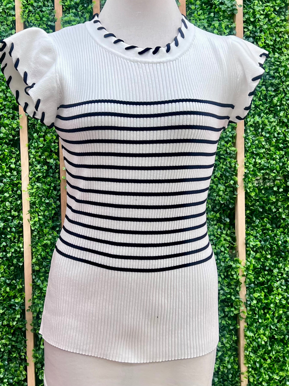 Ivory Stripe Detail Short Sleeve Knit Top