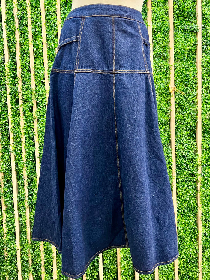 Buckle Detail Fitted Dark Denim Midi Skirt
