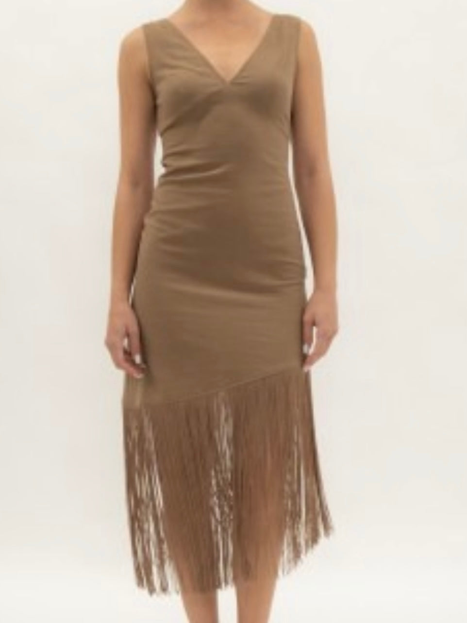 Mocha Fringe Midi Dress V-Neck Sleeveless Dress