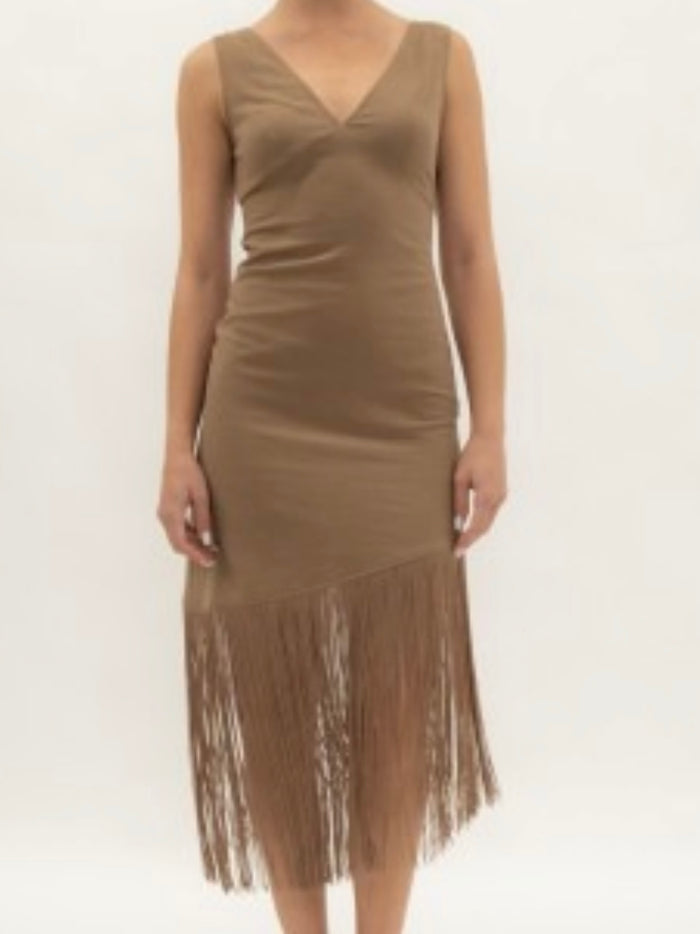Mocha Fringe Midi Dress V-Neck Sleeveless Dress