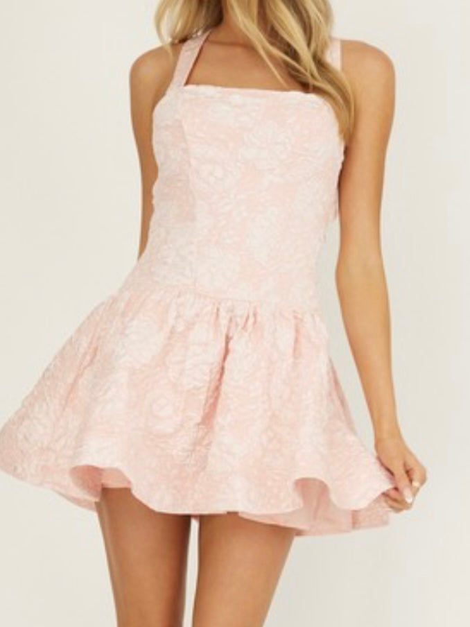 Pink Jacquard Square Neck Short Dress