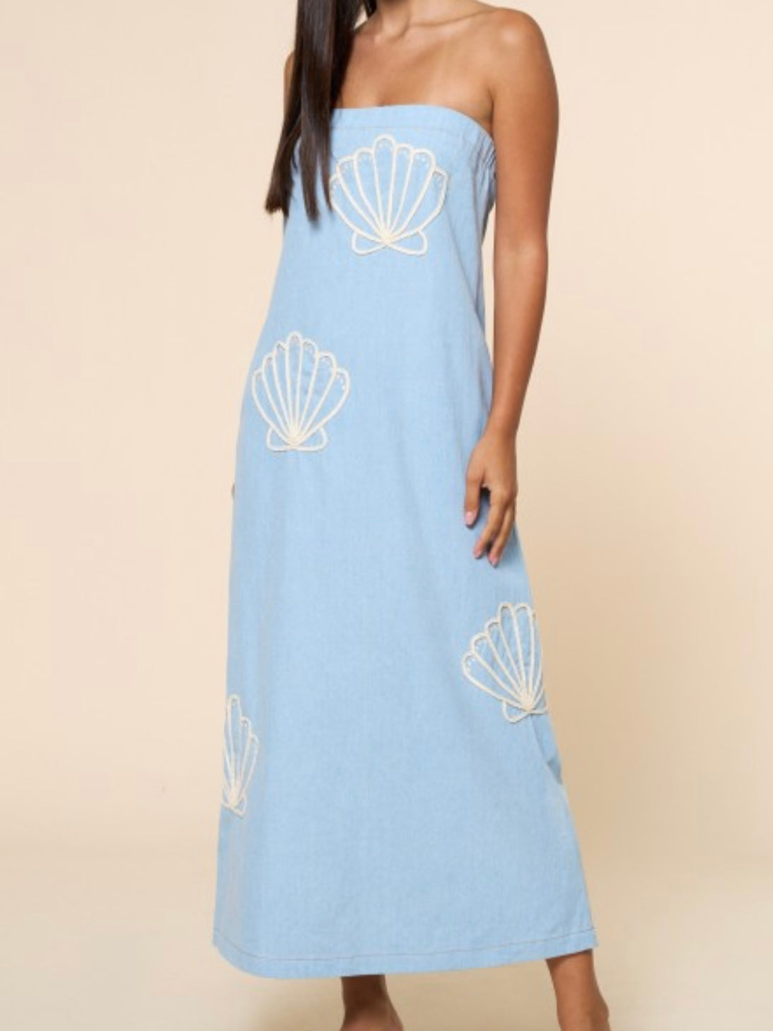 Blue Seashell Strapless Maxi Dress