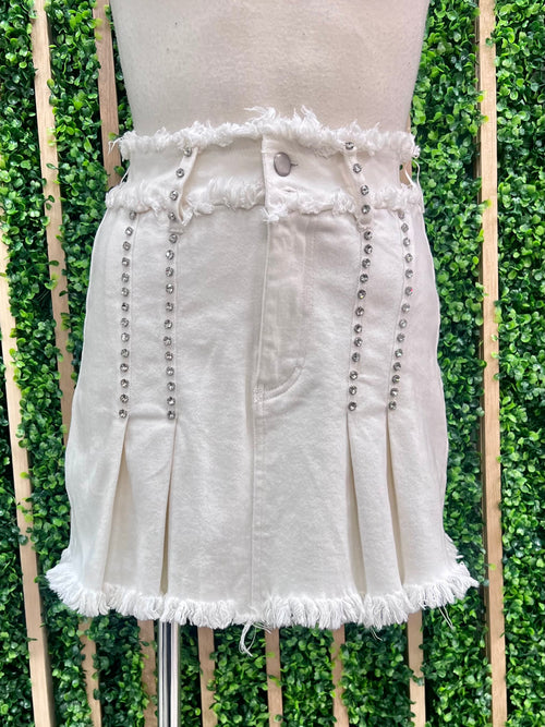 White Crystal Studded Denim Short Skirt