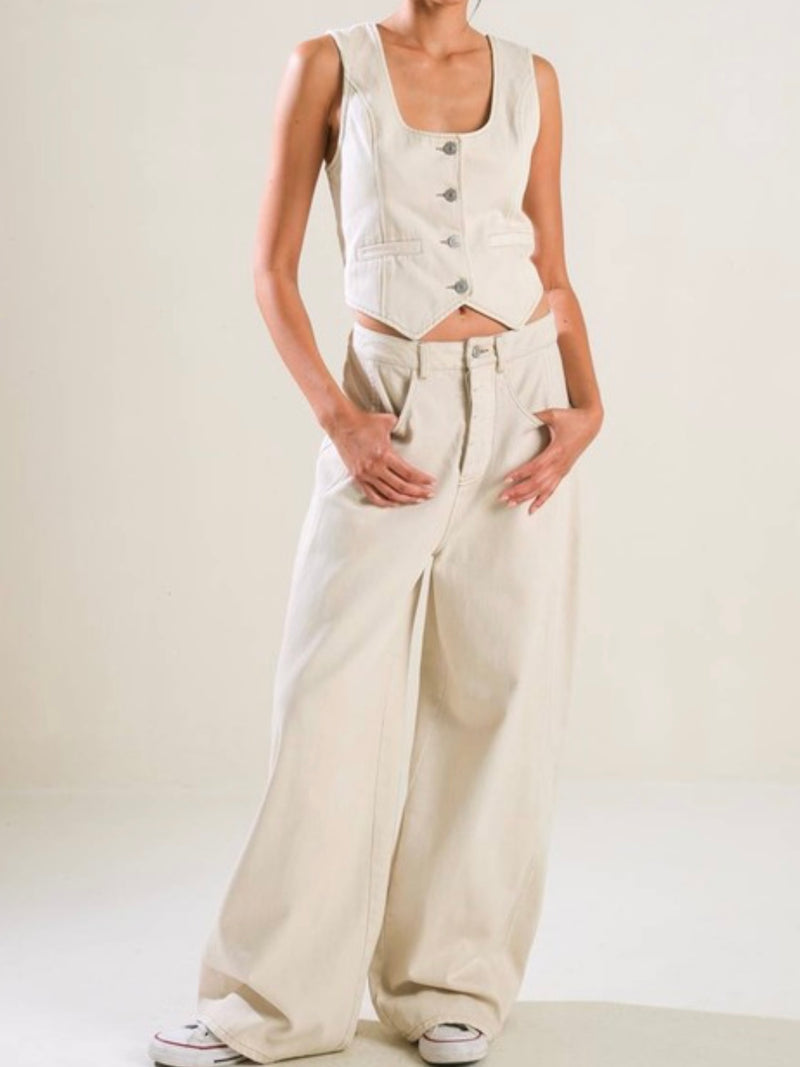 Cream Wide Leg Denim Pant