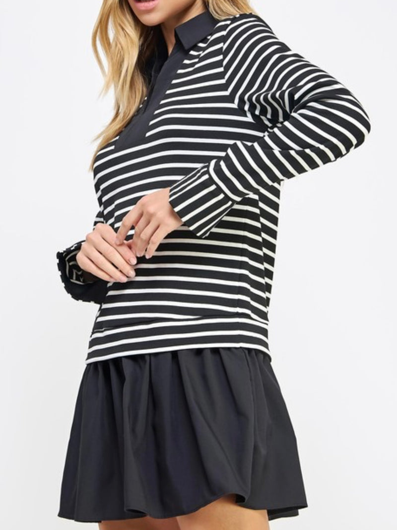 Contrast Stripe Long Sleeve Short Dress