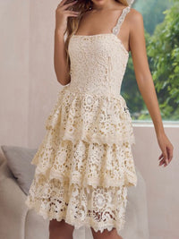 Beige Lace Sleeveless Tiered Short Skirt Dress