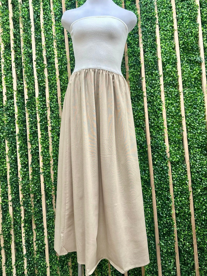 Ivory Strapless Mixed Media Midi Dress