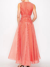 Beautiful Red Striped V Neck Midi Dress