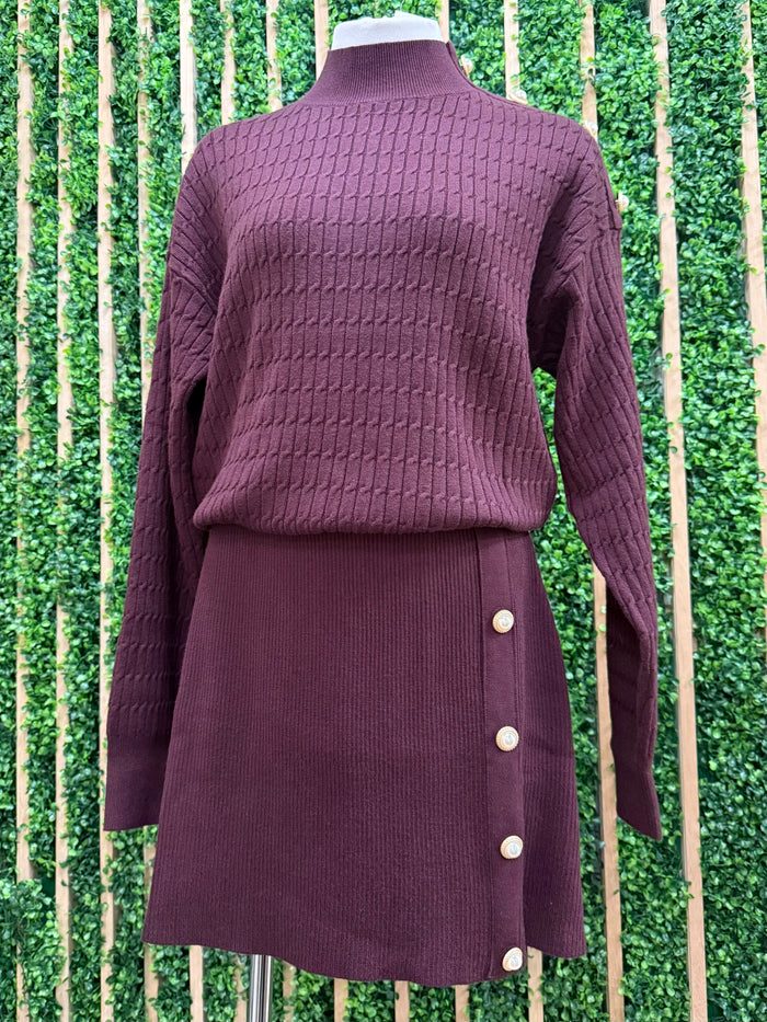 Burgundy Button Detail knit Skirt Set