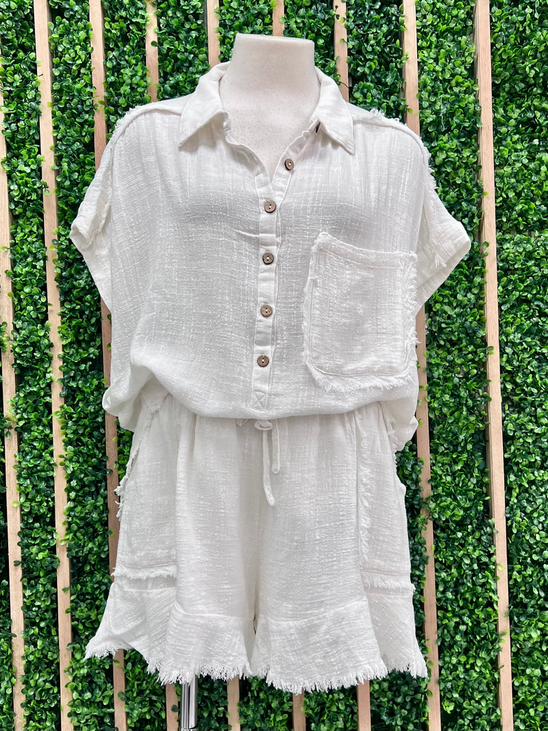 White Gauze Dolman Sleeve Short Pant Set