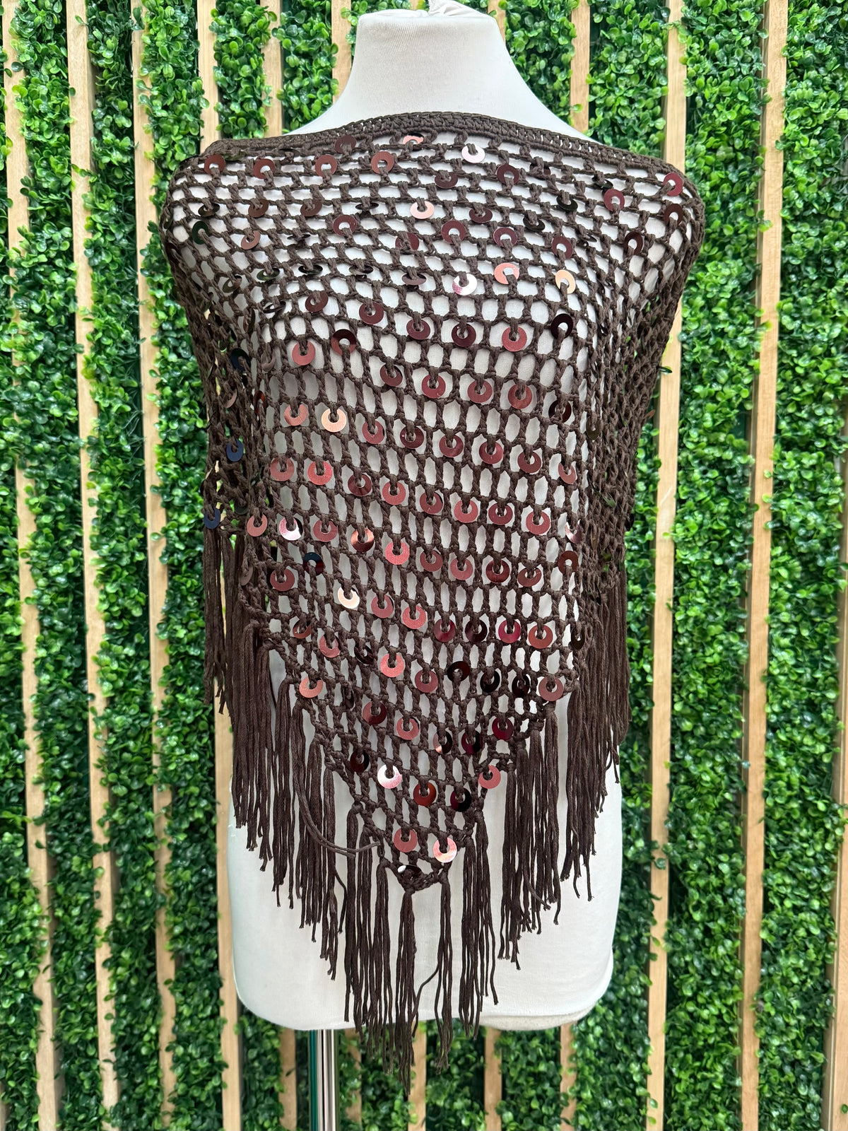 Sequin Fringe Crochet Beach Cover-Up Poncho