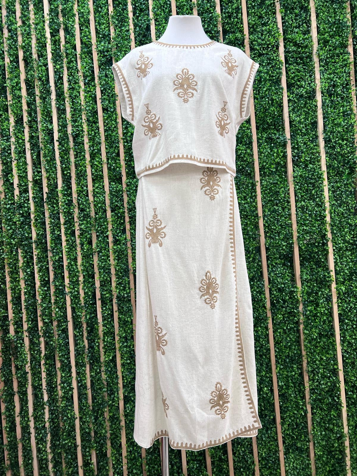 Mocha Linen Floral Embroidered Wrap Skirt Set