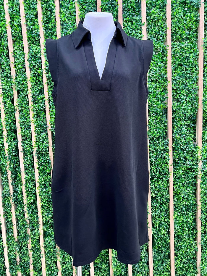 Solid V Neck Collared Short Dress