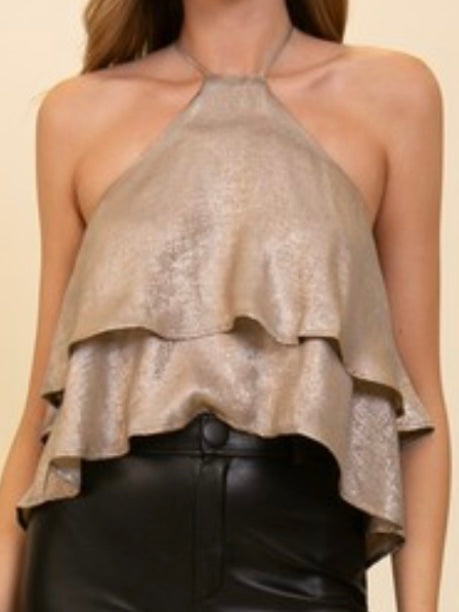 Metallic Champagne Halter Tiered Top