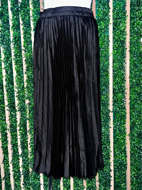 Black Satin Pleated Midi Skirt