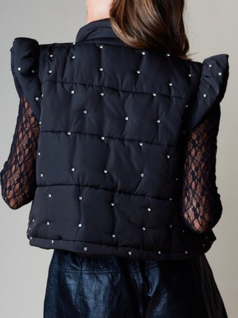 Black Rhinestone Studded Puffer Vest