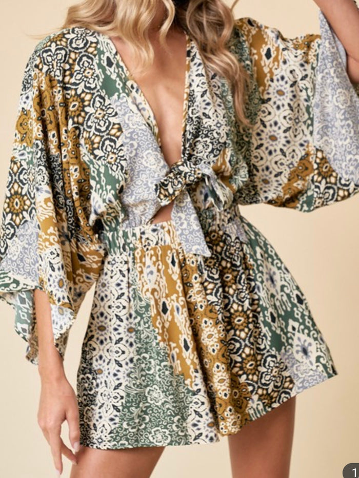 Green Print Batwig Sleeve Romper