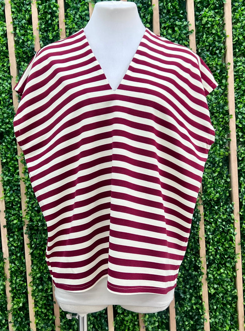 Burgundy Striped V Neck Cap Sleeve Top