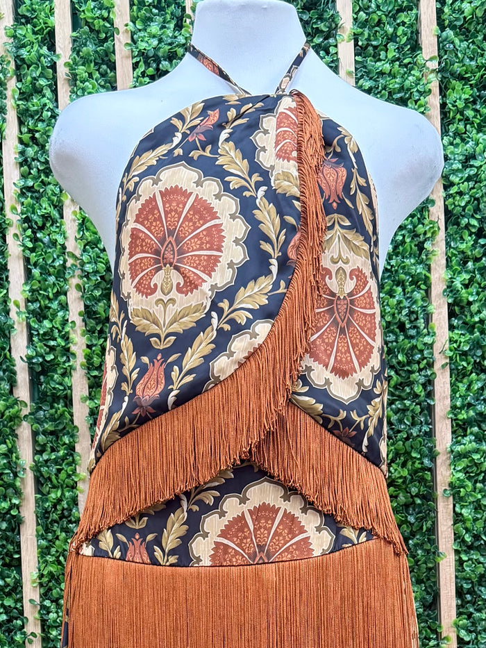Caramel Paisley Boho Fringe Halter Top